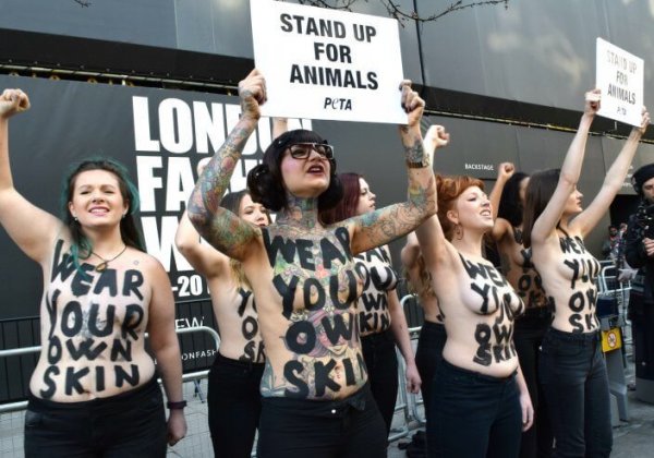 Dappere vegan activisten vallen London Fashion Week binnen